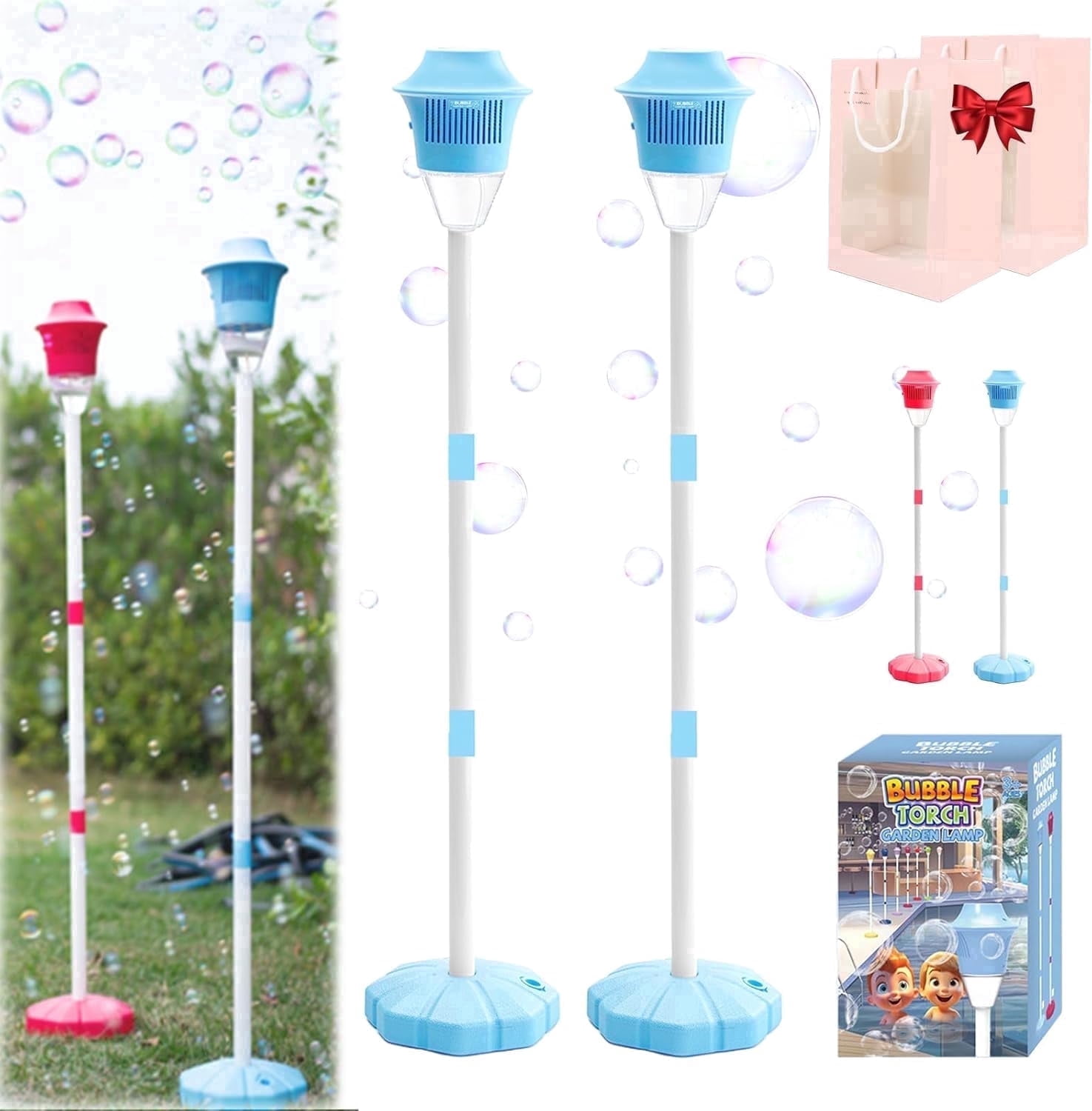 Automatic Bubble Torch Garden Lamp, Bubble Maker Stand, 47 Inches Standing Tiki Torchs Bubbles Machine with Lights, Rechargeable Outdoor Torch Bubbles Machine, for Wedding Birthday Party