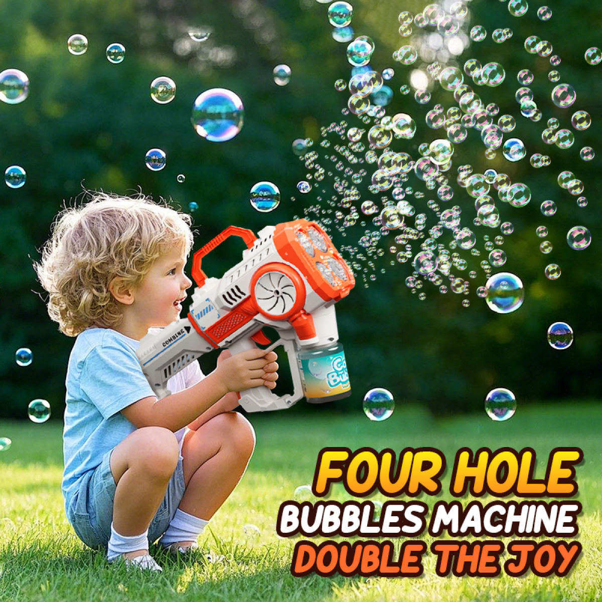 Automatic Bubbles Machine for Kids 4 Holes Rechargable Bubble Blower for Boys Girls Outdoors Toys for Camping Wedding Party Easter Birthday Gifts (Orange)