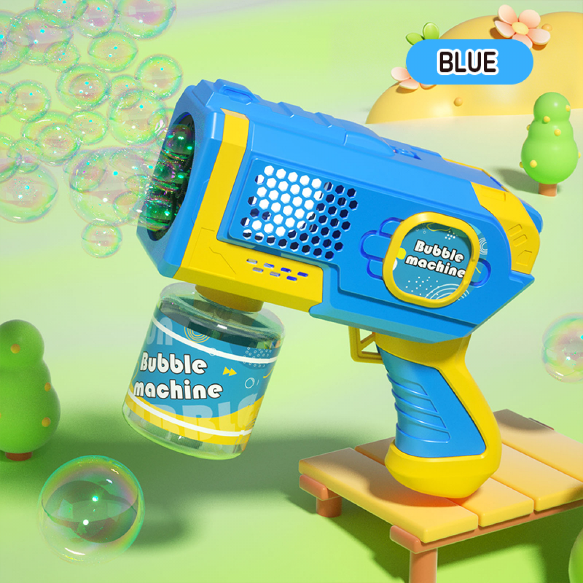 Automatic Bubbles Machine for Kids, Light Up Handled Bubble Blower with 10 Solution for Outdoor Wedding Birthday Party Gifts-Blue