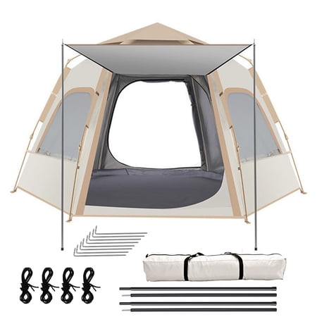 BN-LINK 5-8 Person Camping Tent, Waterproof Windproof Pop Up Tent with 2 Doors, 4 Large Mesh Windows, Automatic Setup Instant Tents for Camping, Hiking & Traveling,Beige