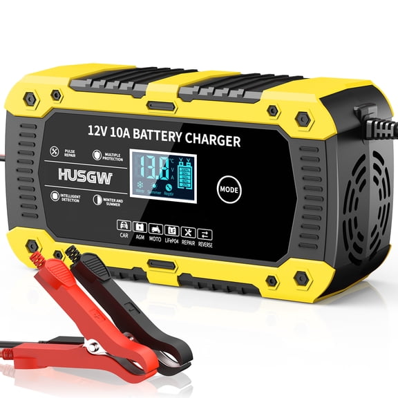 Automatic Car Battery Charger, 12V 10A Smart Battery Trickle Charger, Battery Maintainer Desulfator with Temperature Compensation for Car Trucks Motorcycle Lawn Mower Marine