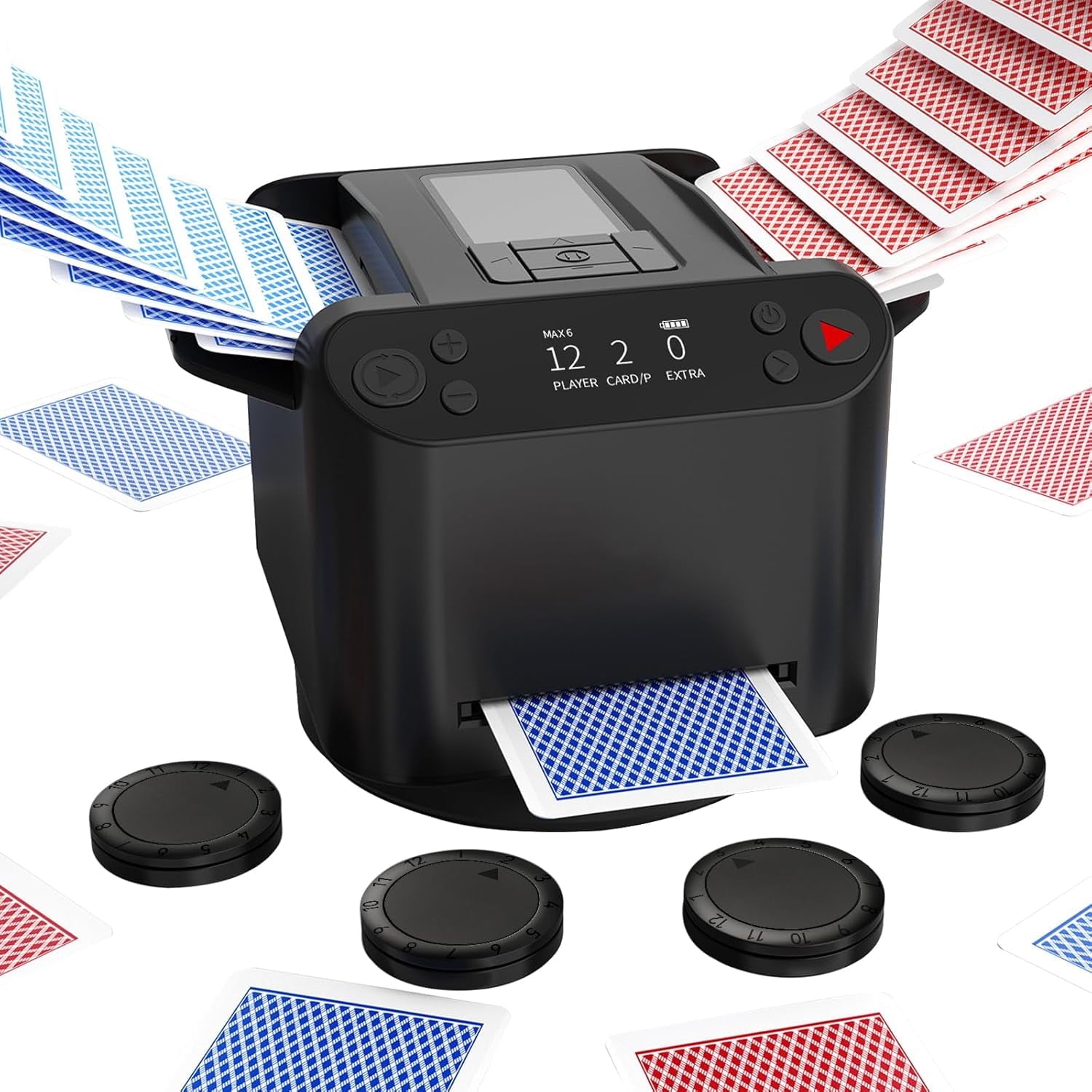 Open Box Automatic Card Shuffler and Dealer - 1-2 Decks Support 12 Players, 4 Drawing Remotes, Built-in Gameplays, 360°/180° Deal, for Poker, UNO, Phase 10, Skip-Bo, Rummy (Black)