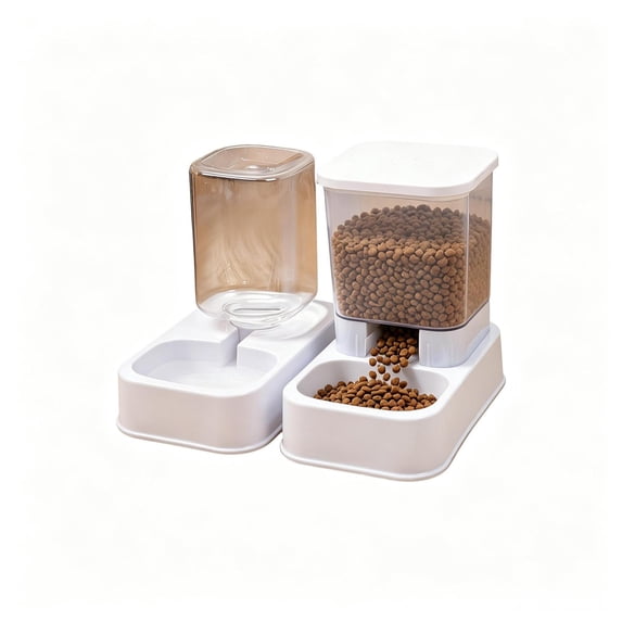 Automatic Cat Feeder, 15° Tilt Neck Protection Gravity-Fed Food and Water Dispenser Bowl Set for Small and Medium Dogs and Other Pets, Pet Feeder and Dispenser with Food Storage, Large Capacity,White