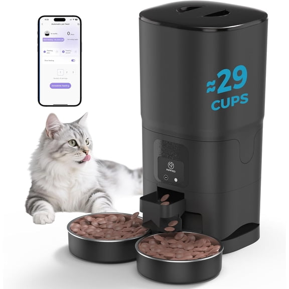 Automatic Cat Feeder for 2 Cats, 2.4G WiFi Cat Food Dispenser with App Control, 7L Slow Feed Pet Feeder with 2 Stainless Bowls for Cats & Dogs, 12 Portions 10 Meals Daily - Black