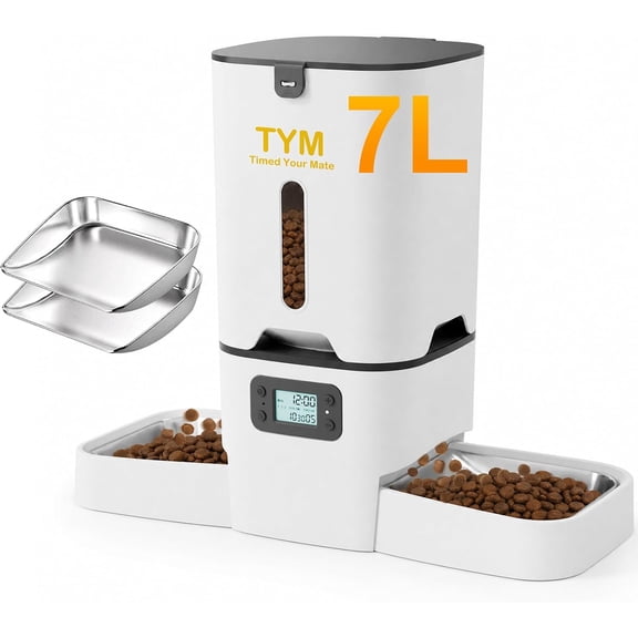 Automatic Cat Feeder 2 Cats 7L Cat Dry Food Dispenser with Double Bowls Dual Auto Dog Feeder with Programmable Timer Dual Power Supply Easy to Clean for Multiple Cats and Small Dogs
