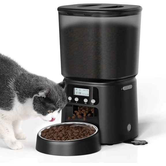 Automatic Cat Feeder, 4L/16Cups Cat Food Dispenser with Stainless Steel Bowl Programmable 30 Portions 6 Meals per Day, Timed Pet Feeder for Kitty Small Dogs with 10S Voice Record, Black