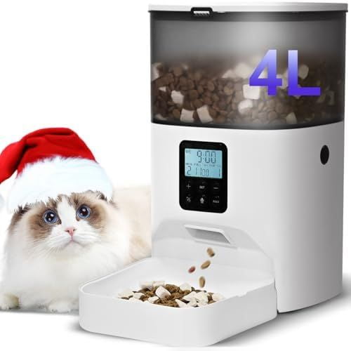 Automatic Cat Feeder, 4L Cat Food Dispenser with 10s Voice Recorder, Pet Feeder up to 8 Meals per Day, Timed Dog Feeder with Dry Food Sealed Ring 4.0 L,White