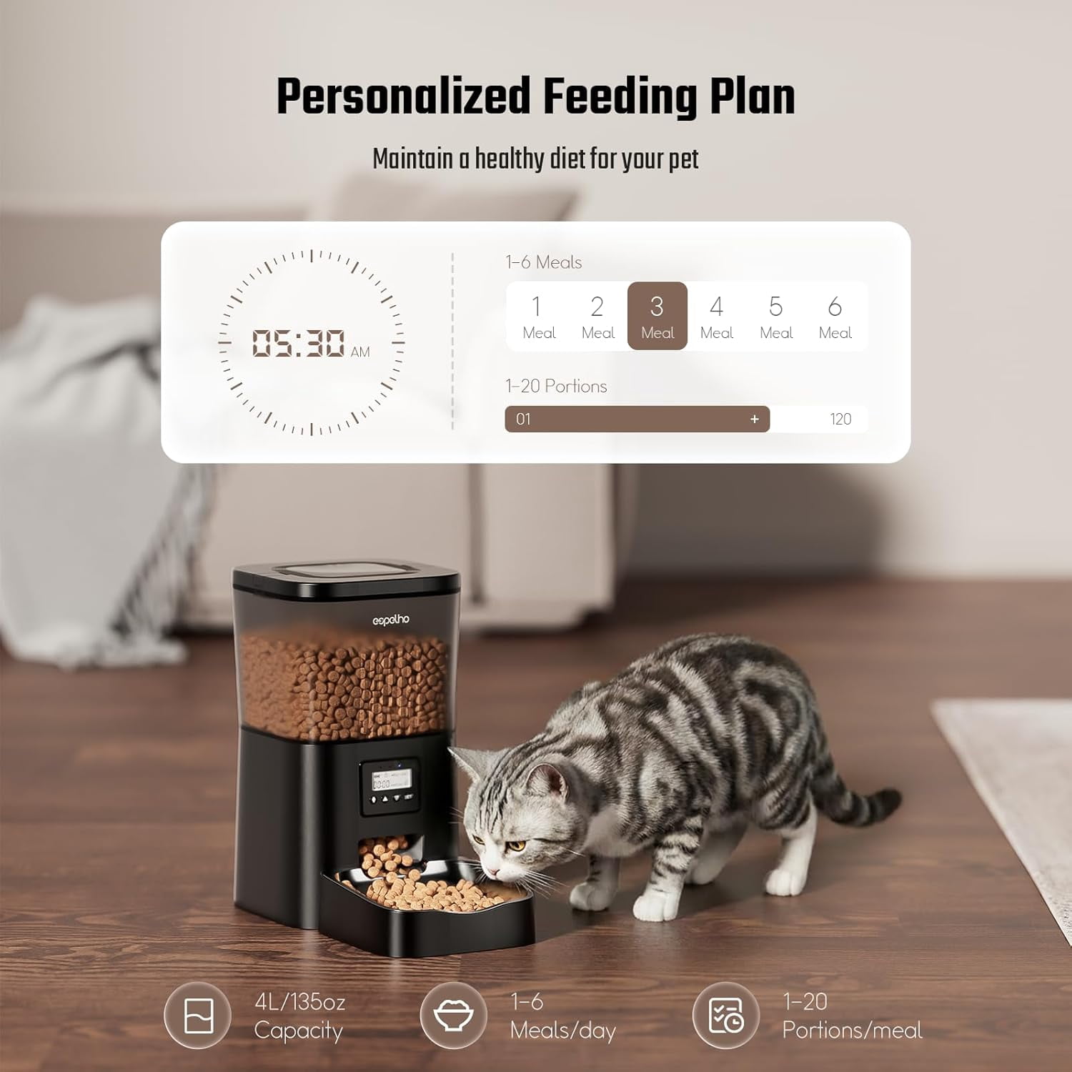 Automatic Cat Feeder 4L Timed Dispenser for Cats Small Dogs with Voice Recorder Anti-Clogging Dual Power Stainless Steel Bowl
