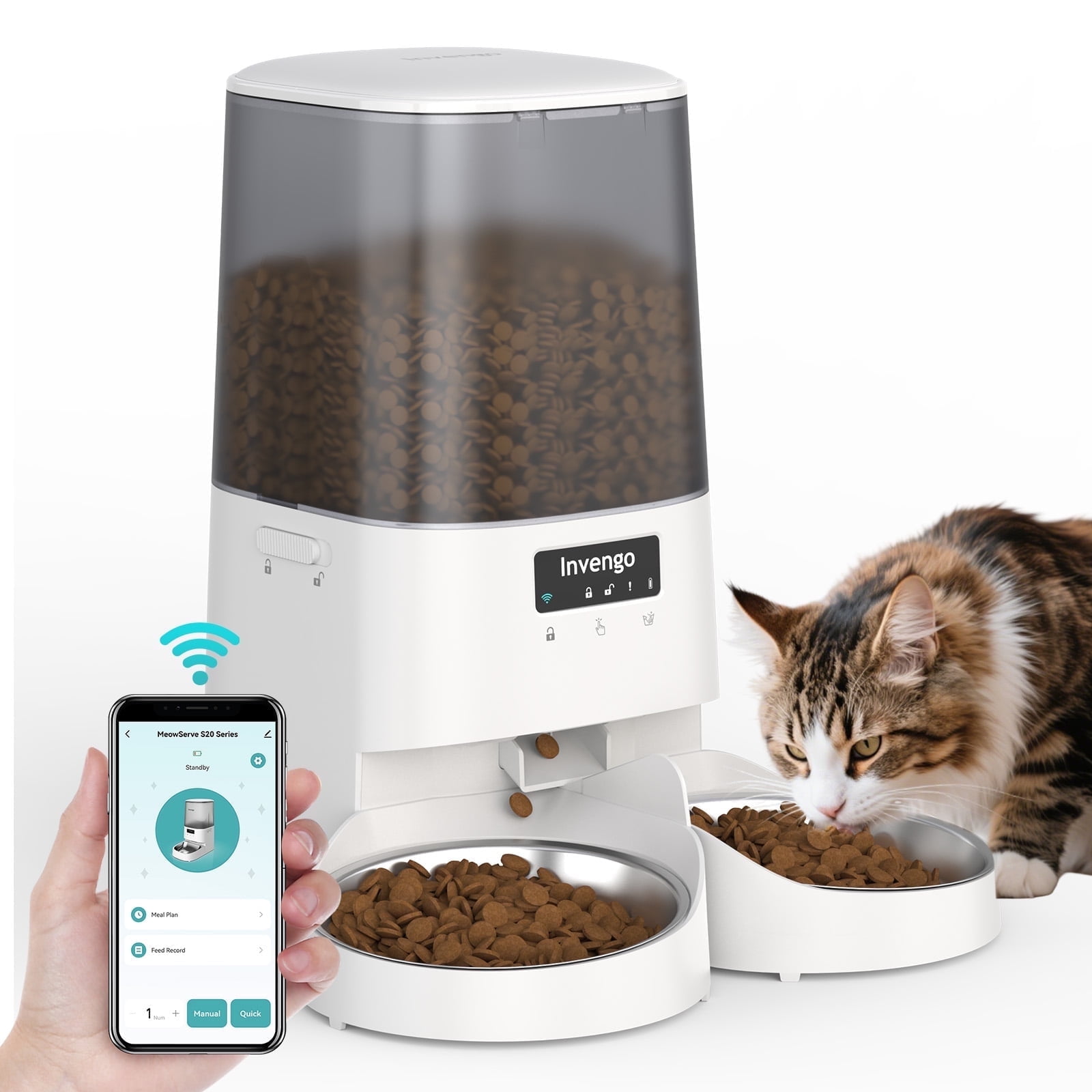 Automatic Cat Feeder, 5L Smart Dry Food Dispenser with 5G/2.4G WiFi App Control, Programmable Portions, Dual Stainless Steel Bowls, Ideal for Multi-Pet Households, White
