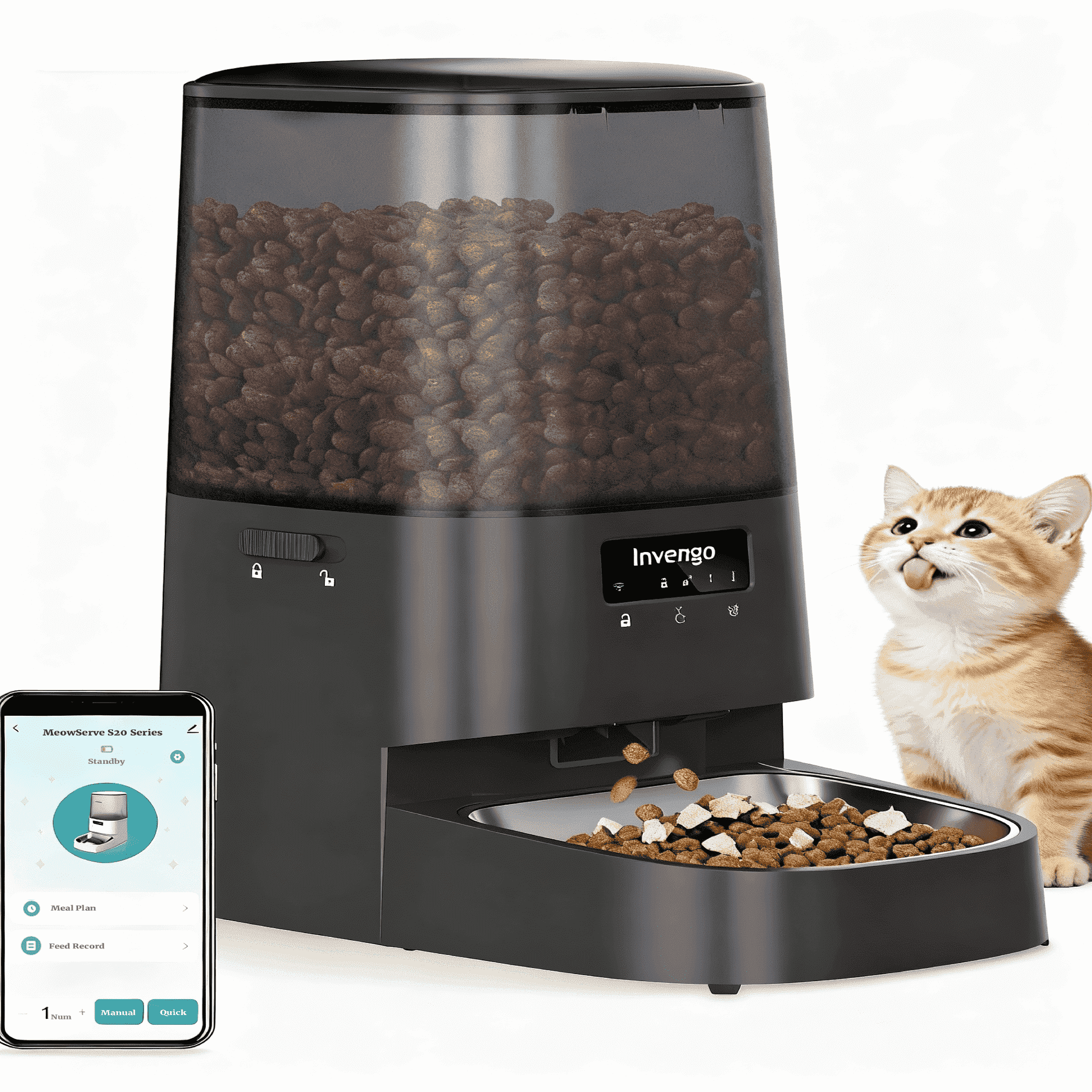 Automatic Cat Feeder, 5L Smart Dry Food Dispenser with 5G/2.4G WiFi App Control, Programmable Portions, Dual Stainless Steel Bowls, Ideal for Multi-Pet Households, Black