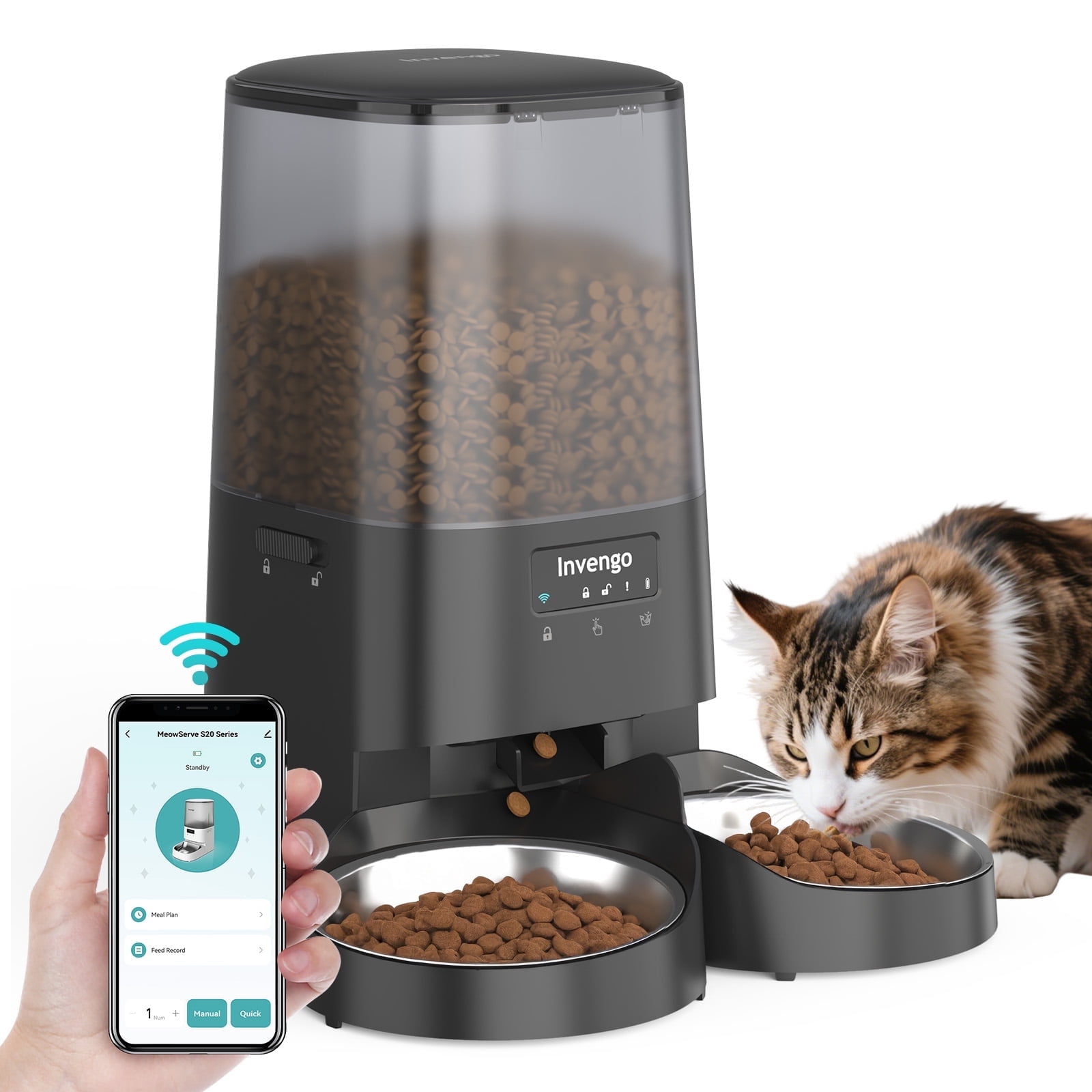 Automatic Cat Feeder, 5L Smart Dry Food Dispenser with 5G/2.4G WiFi App Control, Programmable Portions, Dual Stainless Steel Bowls, Ideal for Multi-Pet Households, Black