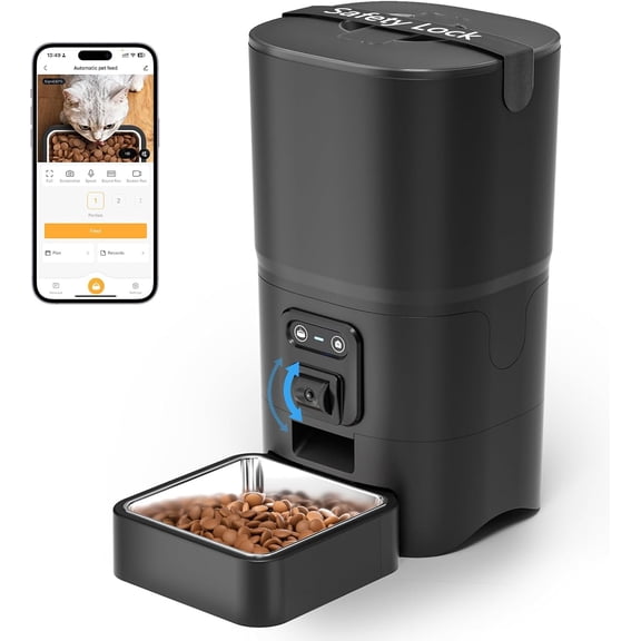 Automatic Cat Feeder 6L 2.4G WiFi Smart Pet with Camera & Two-Way Audio, Adjustable Angle, Easy to Clean Detachable Feeding Schedule 1-10 Meals Per Day for Cats Small Dogs - Black