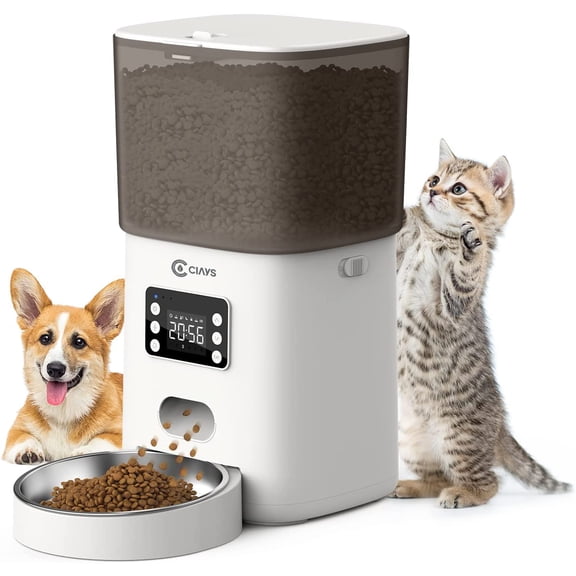 Automatic Cat Feeder, 6L, White, Plastic and Stainless Steel, Dispenses Up to 20 Portions, 6 Meals Per Day, with Distribution Alarms for Small to Medium Cats and Dogs