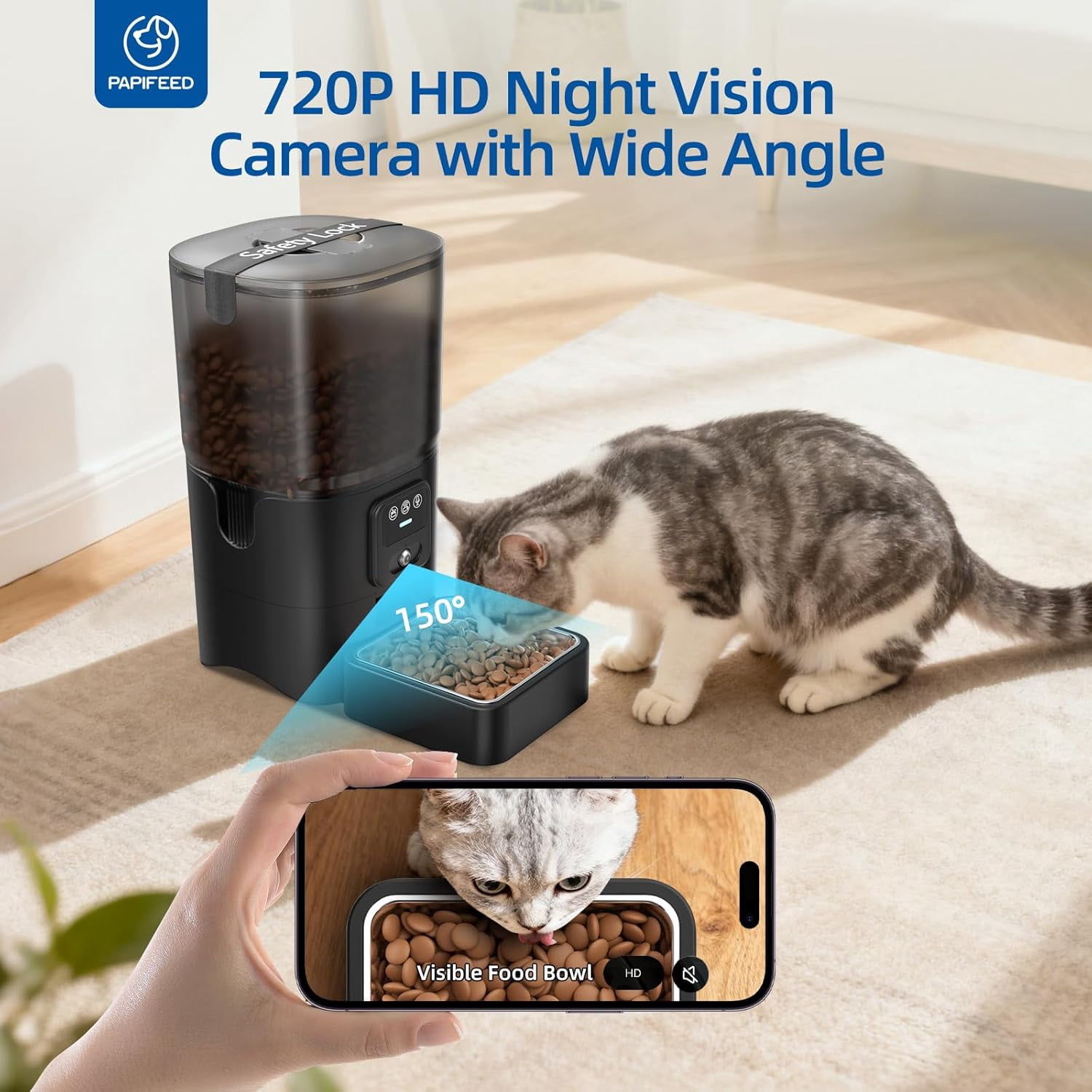 Automatic Cat Feeder with 720p HD Camera & Night Vision, Two-Way Audio, 6L Smart Feeder with App Control via 2.4G WiFi, Easy Clean Detachable, Schedule 1-10 Meals/Day for Cats & Dogs - Black