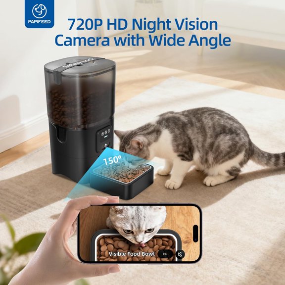 Automatic Cat Feeder with 720p HD Camera & Night Vision, Two-Way Audio, 6L Smart Feeder with App Control via 2.4G WiFi, Easy Clean Detachable, Schedule 1-10 Meals/Day for Cats & Dogs - Black