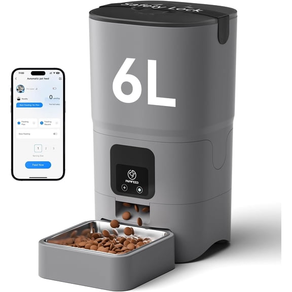 Automatic Cat Feeder with App, 2.4G WiFi Cat Food Dispenser, 6L Timed Cat Feeders for Dry Food, 10 Meals/Day, 12 Portions/Meal, Dual Power Supply Smart Pet Feeder for Small Dog, Grey