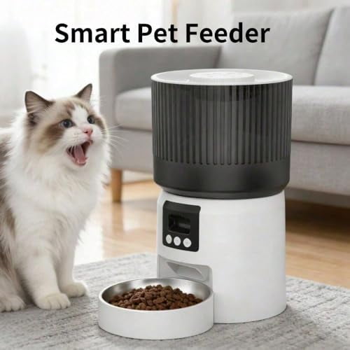 Automatic Cat Feeder, Auto Pet Feeder for Cats and Small Dogs, 4L Food Dispenser with Dual Power Supply, Programmable Portion Size, White