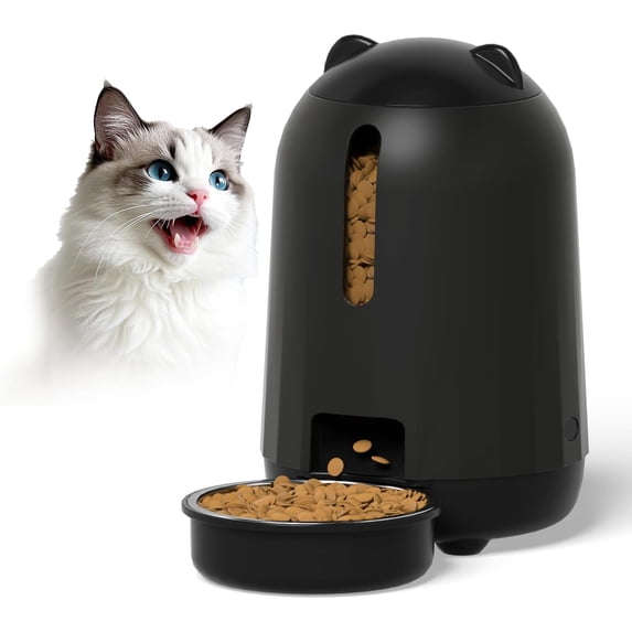 Automatic Cat Feeder, Button Timer Auto Food Dispenser with Dual Power Backup, Slow Feeding Mode, 3L Moisture-Proof Feeder for Cats & Small Dogs (Black)