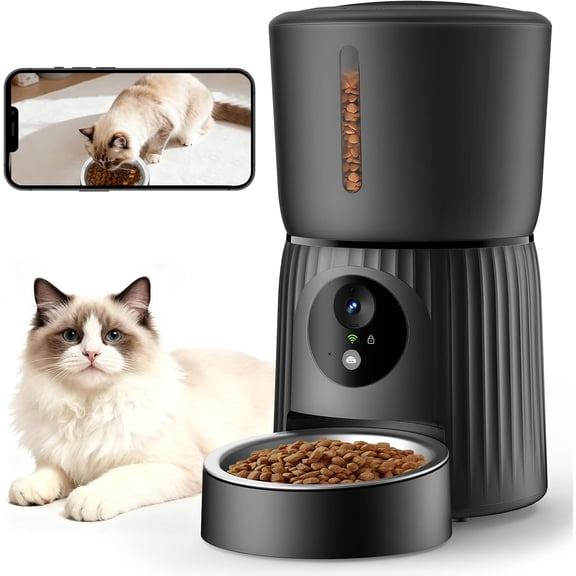 Automatic Cat Feeder with Camera, 1080P HD Video with Night Vision, 5G WiFi Automatic Dog Feeder with APP Control, 2-Way Audio, Blockage Sensor for Cats or Small Dogs, 4L (Black)
