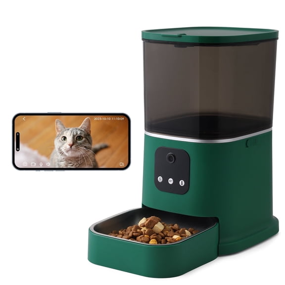 Automatic Pet Feeder with Camera, 2.4G WiFi APP Control, Timed Feeding, 6L Capacity for Cats and Dogs, Green