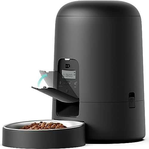 Automatic Cat Feeder, Cat Food Dispenser Battery-Operated with 180-Day Battery Life, AIR Timed Pet Feeder for Cats & Dogs, 2L Auto Cats Feeder, Black