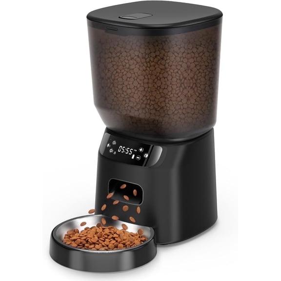 Automatic Cat Feeder, Cat Food Dispenser with Stainless Steel Bowl, Timed Portion Control 20 Portions 6 Meals Per Day, Voice Recorder, Dual Power Supply for Small Dogs (Black)
