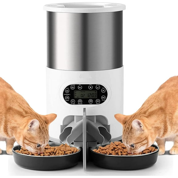 Automatic Cat Feeder for Double Pet,Pet Feeder Food Dispenser 3L/4.5L for Cat & Small Dog with Splitter & Double Bowls, Programmable 1-4 Meals Per Day & Dual Power Supply & Voice Recorder(3L)