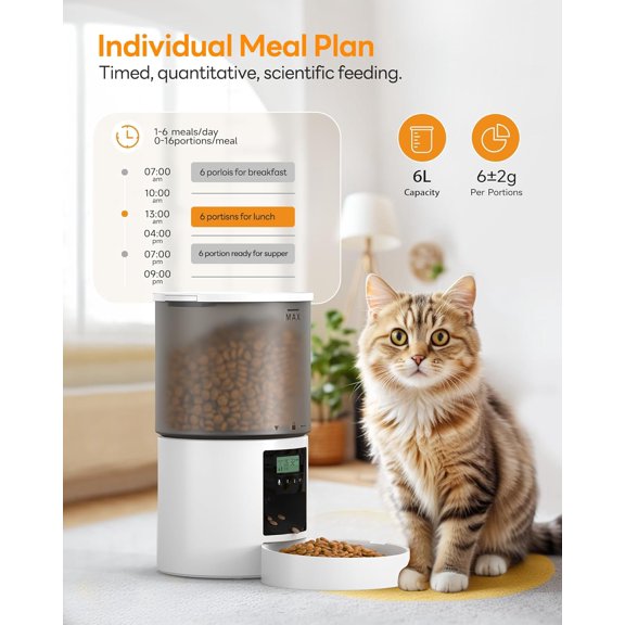 Automatic Cat Feeder Food Dispenser: 6L Timed Small Dog Dry Food Dispenser with 10s Voice Recording - Programmable Auto Pet Feeder with Dual Power for Cats and Dogs White