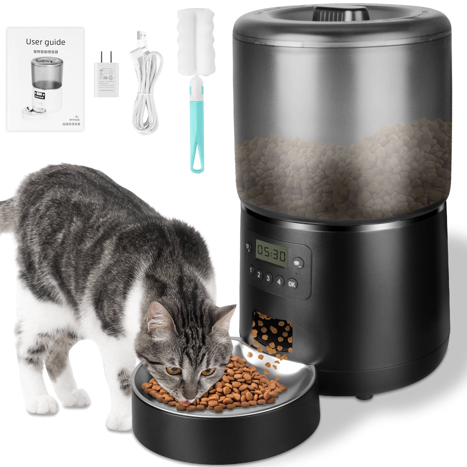 Automatic Cat Feeder,AndHot 4L Detachable Cat Food Dispenser Automatic Feeding for Dry Food Up to 36 Portions(9g/Portion)4 Meals Per Day, Dual Power Supply Timed Cat Feeders for Cats and Dog,Black