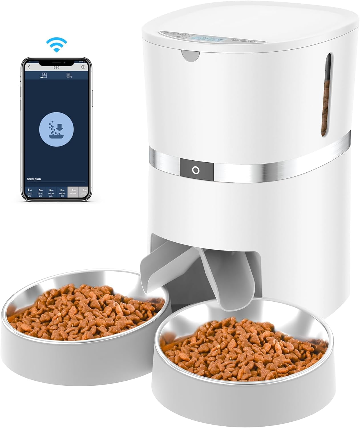 Automatic Cat Feeder, Smart Pet Food Dispenser with APP Control,WiFi Enabled Automatic Feeder for Dogs, Cats & Small Pets, Double Stainless Steel Bowls,6 Meals Portion Control and Voice Recording