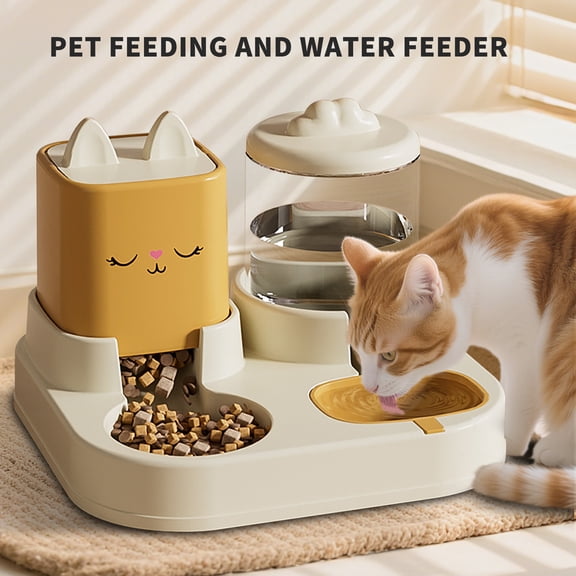 Automatic Cat Feeder and Water Dispenser, 2 in 1 Cat Food Bowl with Self-Refilling Water Bottle, Dry & Wet Separation, Non-Slip Feeding Station, Yellow