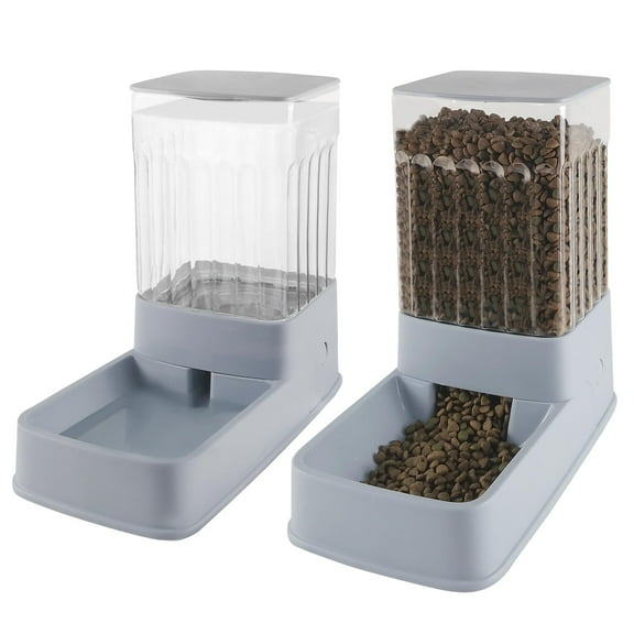 Automatic Cat Feeder and Water Dispenser in Set,Automatic Food Feeder and Waterer Set 3.8L with Pet Food Bowl for Small Medium Dog Pets Puppy Kitten Large Capacity(1 Gallon x 2,Gray)