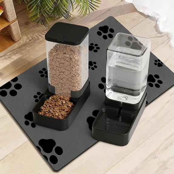 Automatic Cat Feeder & Water Dispenser Set, Gravity 3.3L Pet Food Waterer with Large Absorbent Quick-Dry Feeding Mat