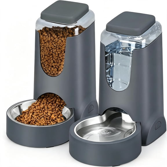 Automatic Cat Feeder and Water Dispenser with Stainless Steel Bowl Dog Gravity Food Feeder and Waterer for Small Medium Pets Puppy Kitten 1 Gallon x 2