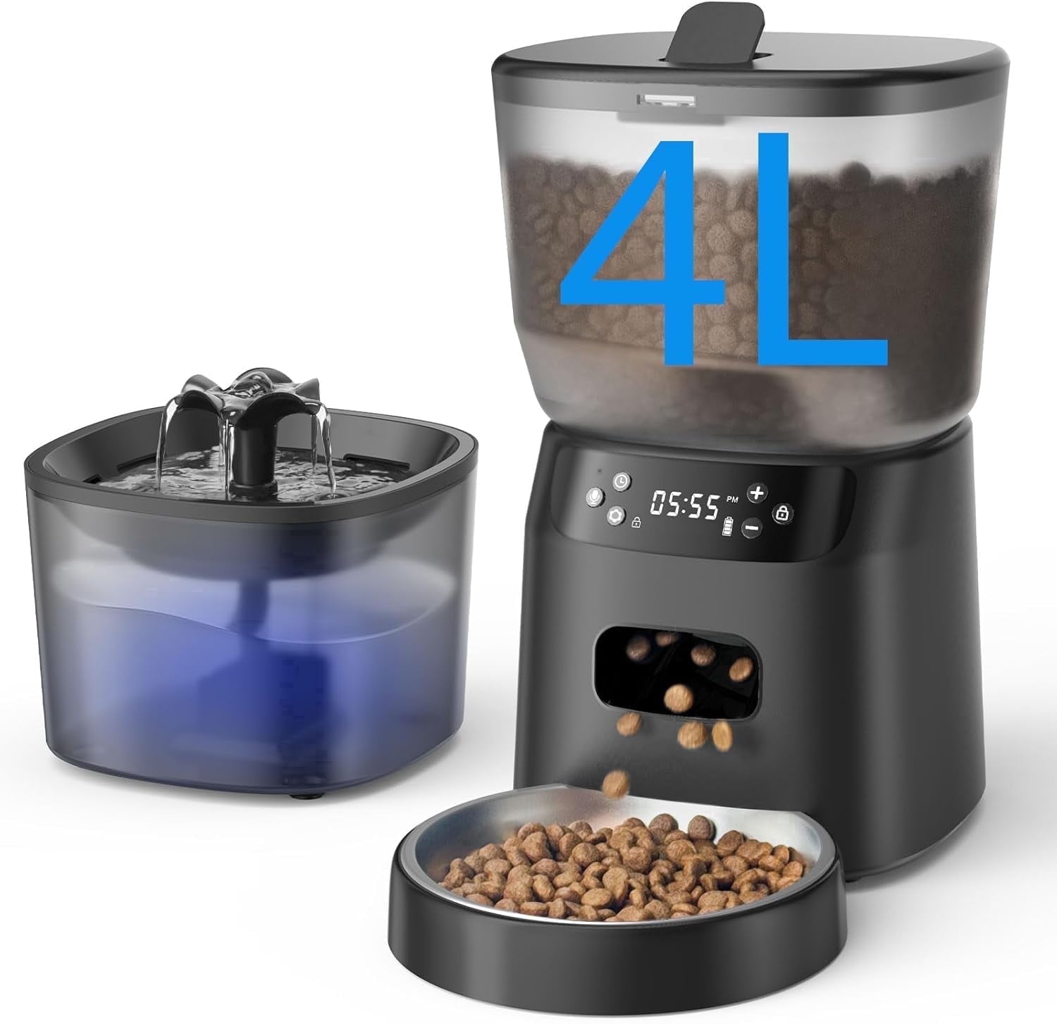 Automatic Cat Feeder and Water Fountain, 4L/16Cups Pet Dry Food Dispenser 2L Water Dispenser, Locking Lid, Programmable Timer 6 Daily Meals, 10s Voice Recorder, Cat Accessories for Puppy Kitten