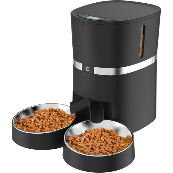 Automatic Cat Feeder, WellToBe Pet Feeder Food Dispenser for Cat & Small Dog with Two-Way Splitter and Double Bowls, up to 6 Meals with Portion Control, Voice Recorder - Battery and Plug-in Power