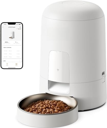 Automatic Cat Feeder, Wi-Fi Rechargeable Cats Food Dispenser Battery-Operated with 30-Day Life, AIR 2.4G Wi-Fi Timed Pet Feeder for Cats & Dogs, 2L Auto Cats Feeder, White