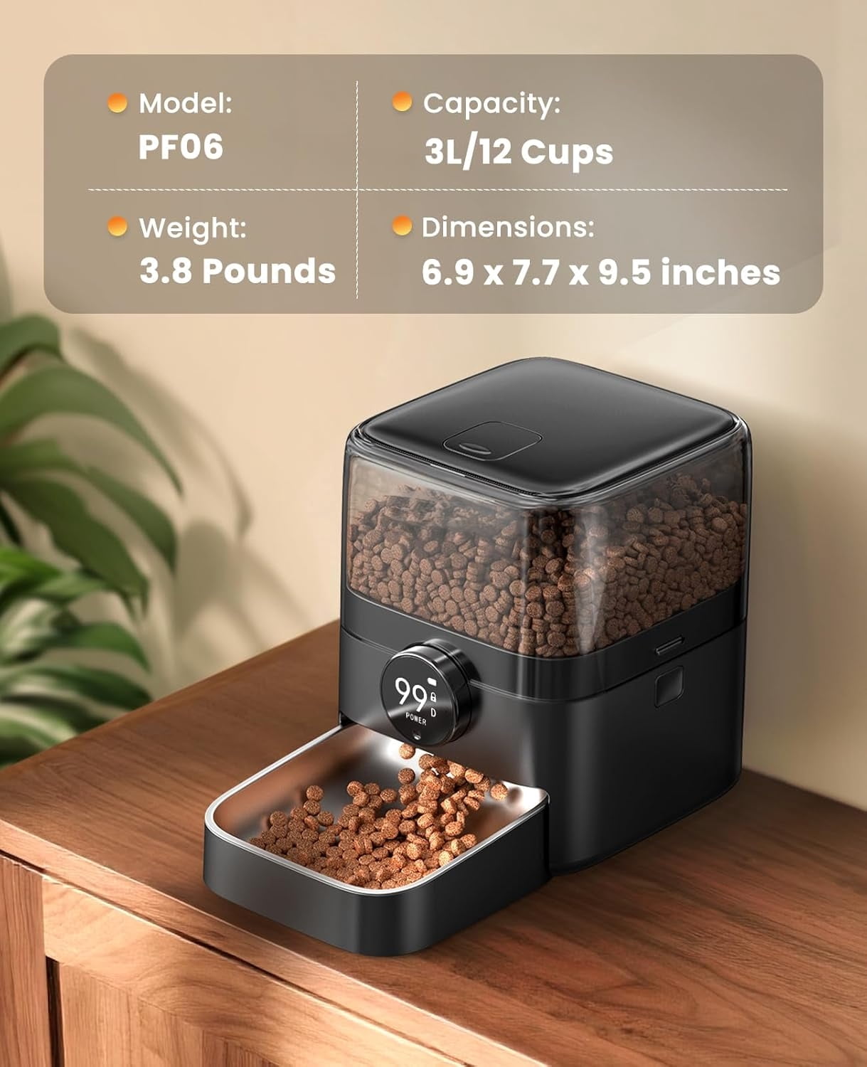 Automatic Cat Feeder, WiFi Rechargeable 100-Day Battery Operated Pet Feeder, 12 Cups/3L Dry Food Dispenser for Large Kibble, Smart App Control (Black)