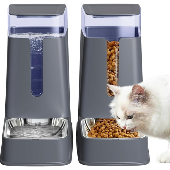 Automatic Cat Feeder and Cat Water Dispenser Set with Stainless Steel Bowls Gravity Dog Feeder for Small Medium Big Dog Pets Puppy Kitten, 3.5L x 2
