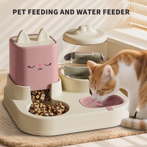 Automatic Cat Feeder and Water Dispenser, 2 in 1 Cat Food Bowl with Self-Refilling Water Bottle, Dry & Wet Separation, Non-Slip Feeding Station, Pink