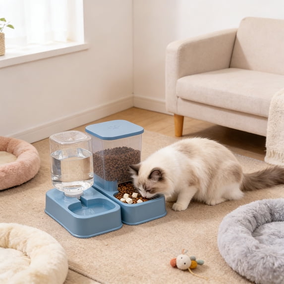 Automatic Cat Feeder and Water Dispenser Set, Gravity Dog Food Water Bowl for Cats Small Dogs, No Electricity Pet Feeding Station, Blue