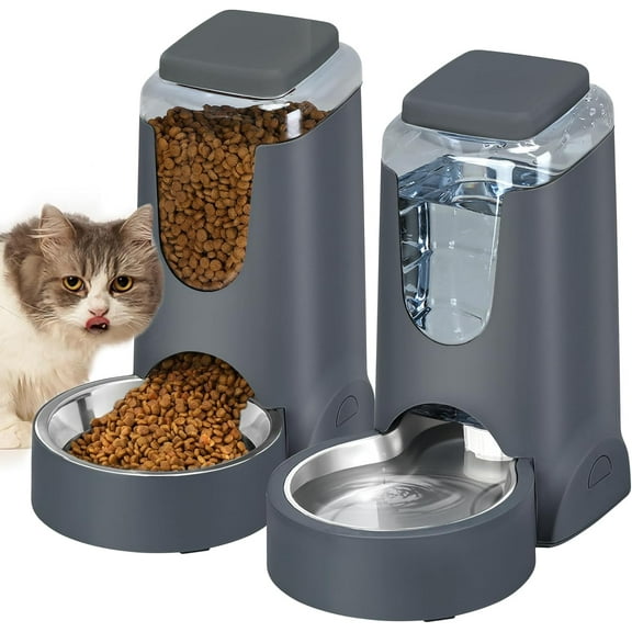 Automatic Cat Feeder and Water Dispenser with Stainless Steel Bowl Dog Gravity Food Waterer for Small Medium Pets Puppy Kitten 1 Gallon x 2