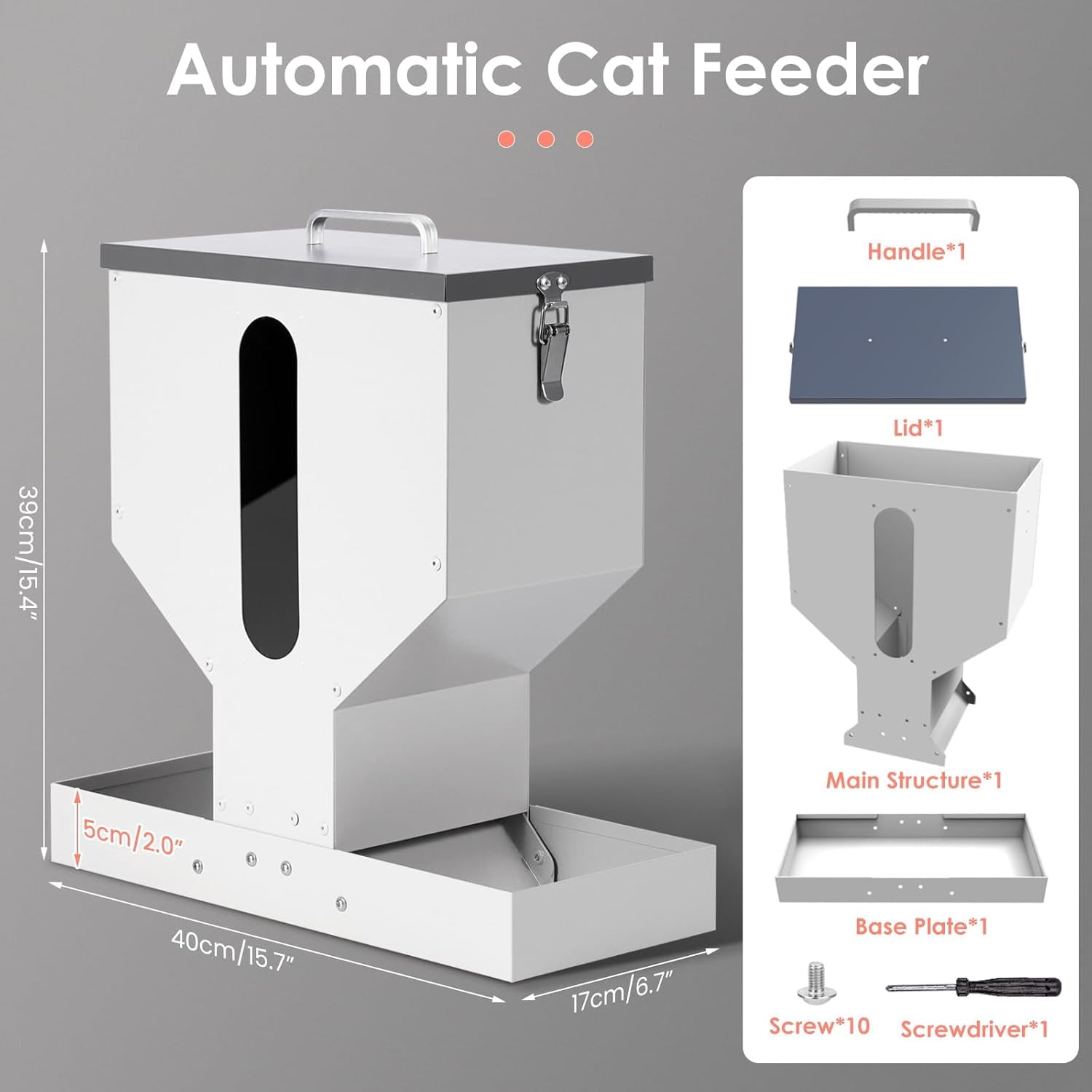 Automatic Cat Feeder for 2 Cats - 12L Gravity Dual Pet Food Dispenser with Visible Window & Sturdy Galvanized Steel Design for Indoor Outdoor Use