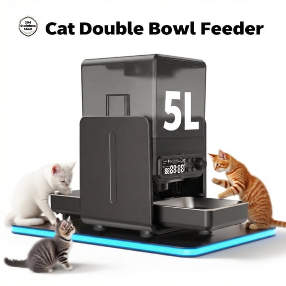 Dlopede Automatic Cat Feeder,5L,Bowls Timed Treat, Adjustable Height, 2 304 Stainless Steel Dual Pet Bowls for 2 Cats and Dogs