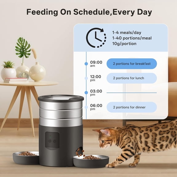 Automatic Cat Feeder for 2 Cats, 4.5L Dual Power Double Bowls Dry Food Auto Pet Dispenser with Smart App Control