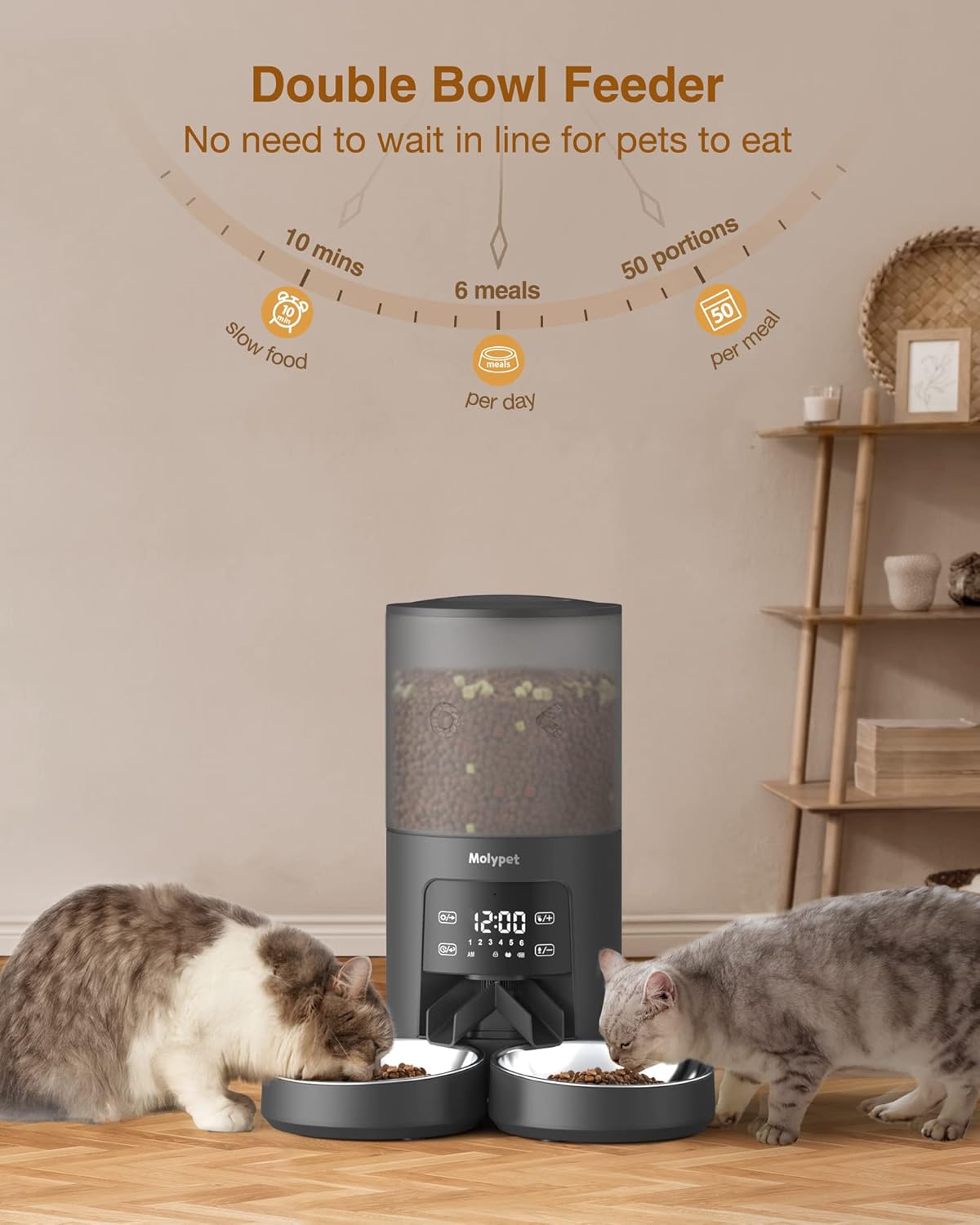 Automatic Cat Feeder for 2 Cats - 6L Dual Bowl Dispenser with Voice Recorder & Programmable Timer