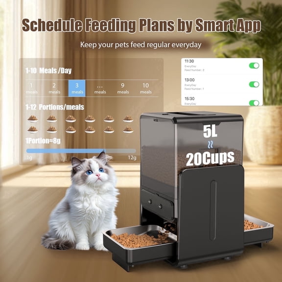 Automatic Cat Feeder, 5L/20 Cup Timed Food Dispenser, Adjustable Height, Voice Call, with 5G Wi-Fi APP Control, 2 Pet Bowls for 2 Cats and Dogs