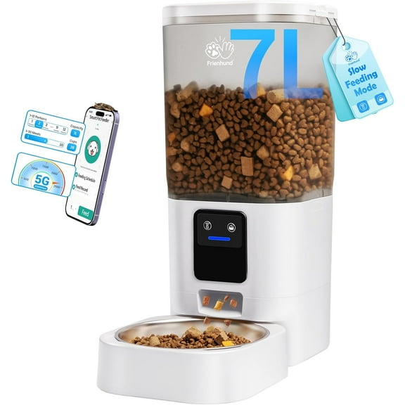 Automatic Cat Feeder with 5G WiFi Slow Feed Smart App Control 7L Timed Dispenser Alexa Compatible Detachable for Easy Cleaning 29 Cups White