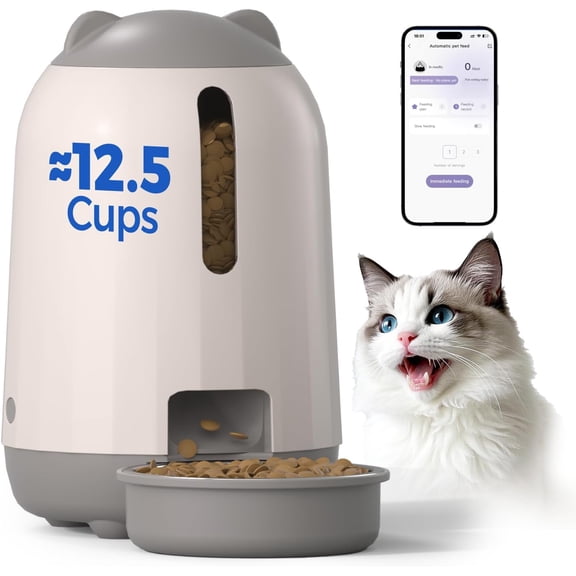 Automatic Cat Feeder with App Control, 2.4G WiFi Auto Food Dispenser, 3L Dual Power Supply, Easy-Clean Design for Cats & Small Dogs (Grey)
