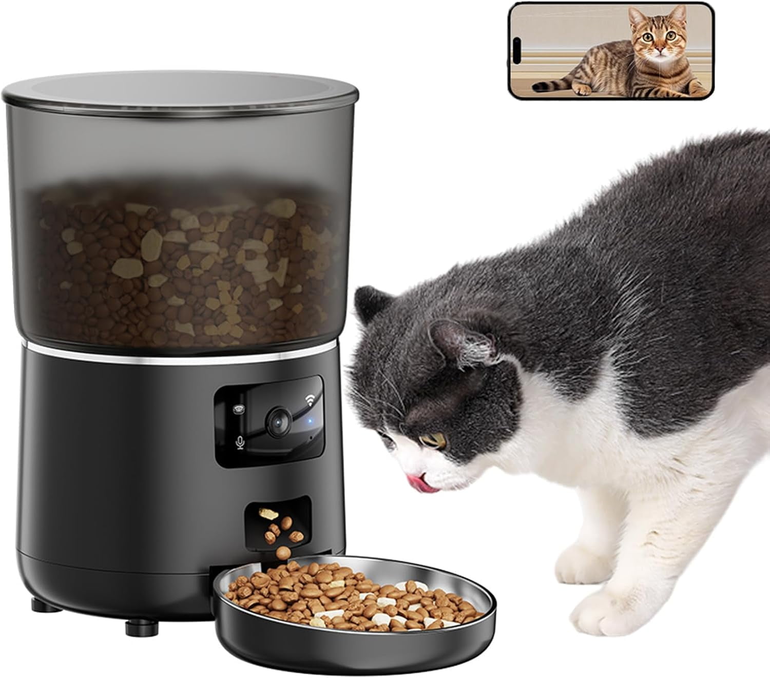 Automatic Cat Feeder with Camera, 1080P HD Video Cat Food Dispenser with Stainless Steel Bowls WiFi Automatic Pet Feeder with 2 Way Audio